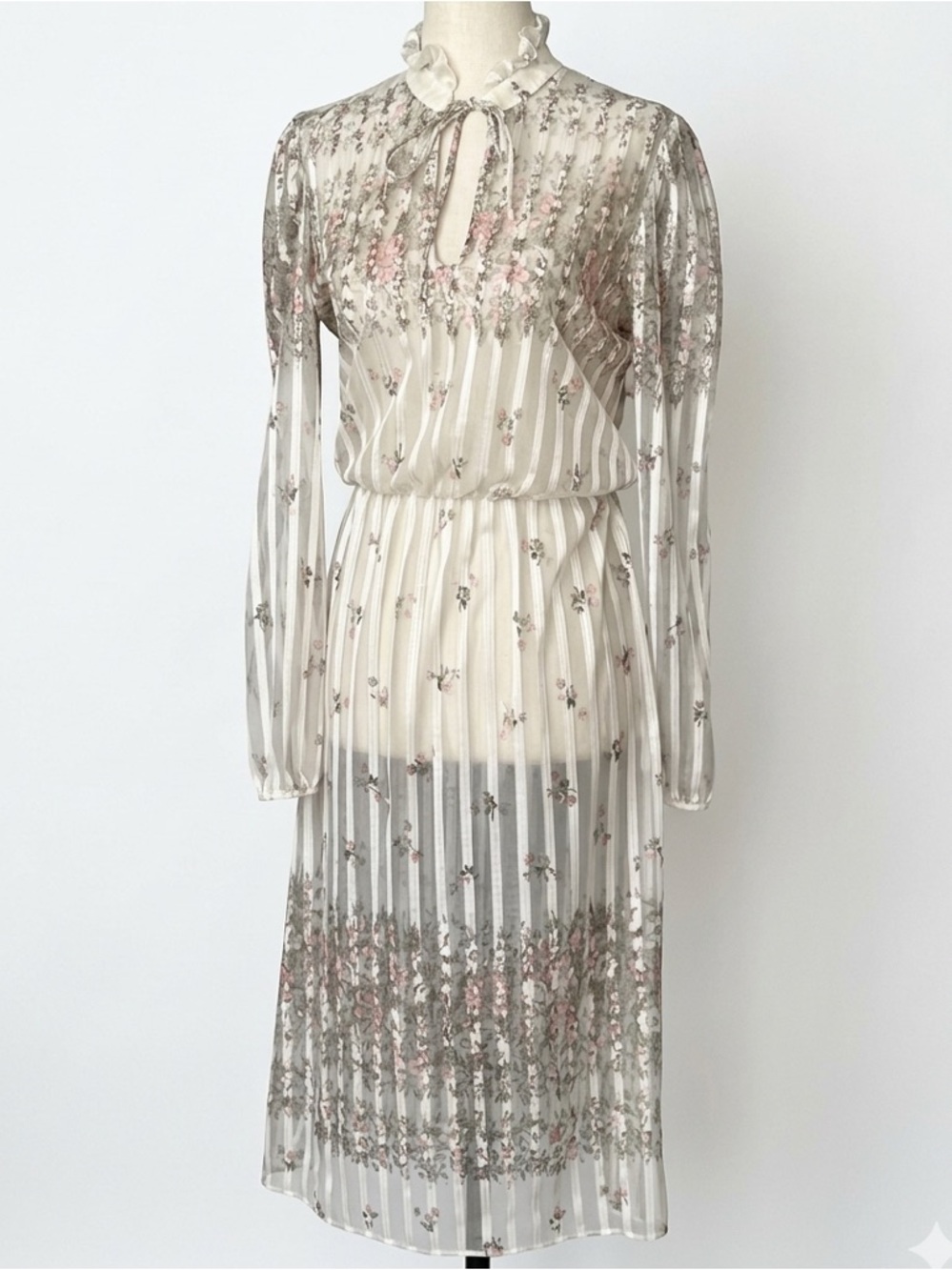 70's Vintage Eternal Spring Sheer Ri bbon Floral Boho Hippie Dress Size 13 14